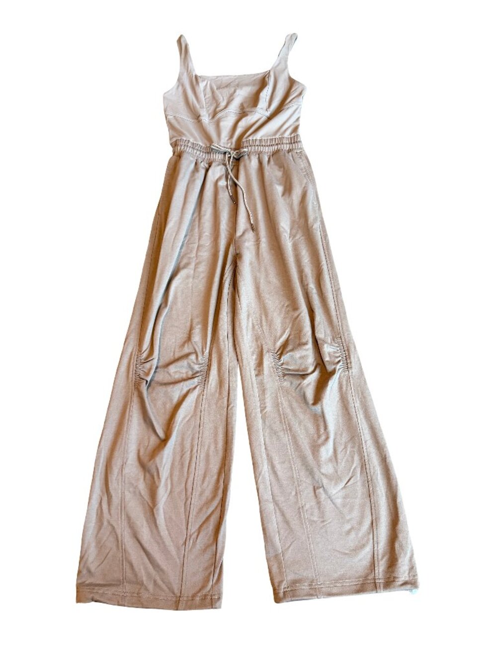 Outfeel Square Neck Tan Stretch Jumpsuit Full Length Wide Leg Flowy Size Medium